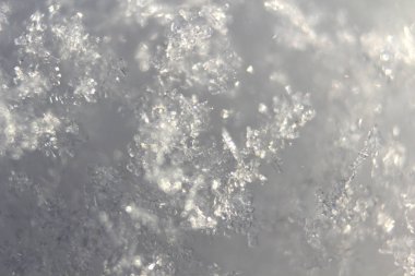 Kar tanelerinin beyaz kardaki görüntüsünü kapat. Gerçek kar tanelerinin Macro 'su. Kış arkaplanı.