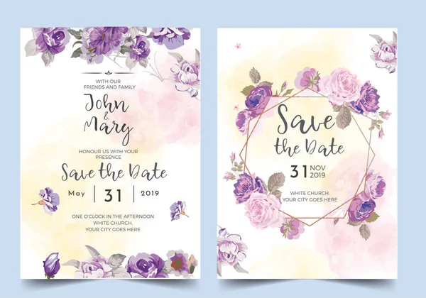 Floral Wedding Invitation Watercolor Purple Flower Vector — Stock Vector