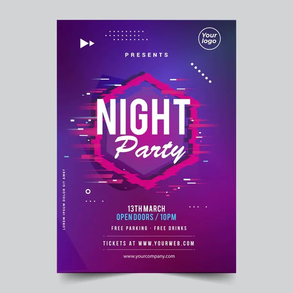 Night Glitch Dance Disco Party Music Night Poster Template Vector — Stock Vector