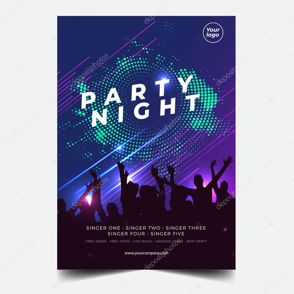 Night dance party music night poster template. Electro style concert disco club party event flyer invitation. - Vector