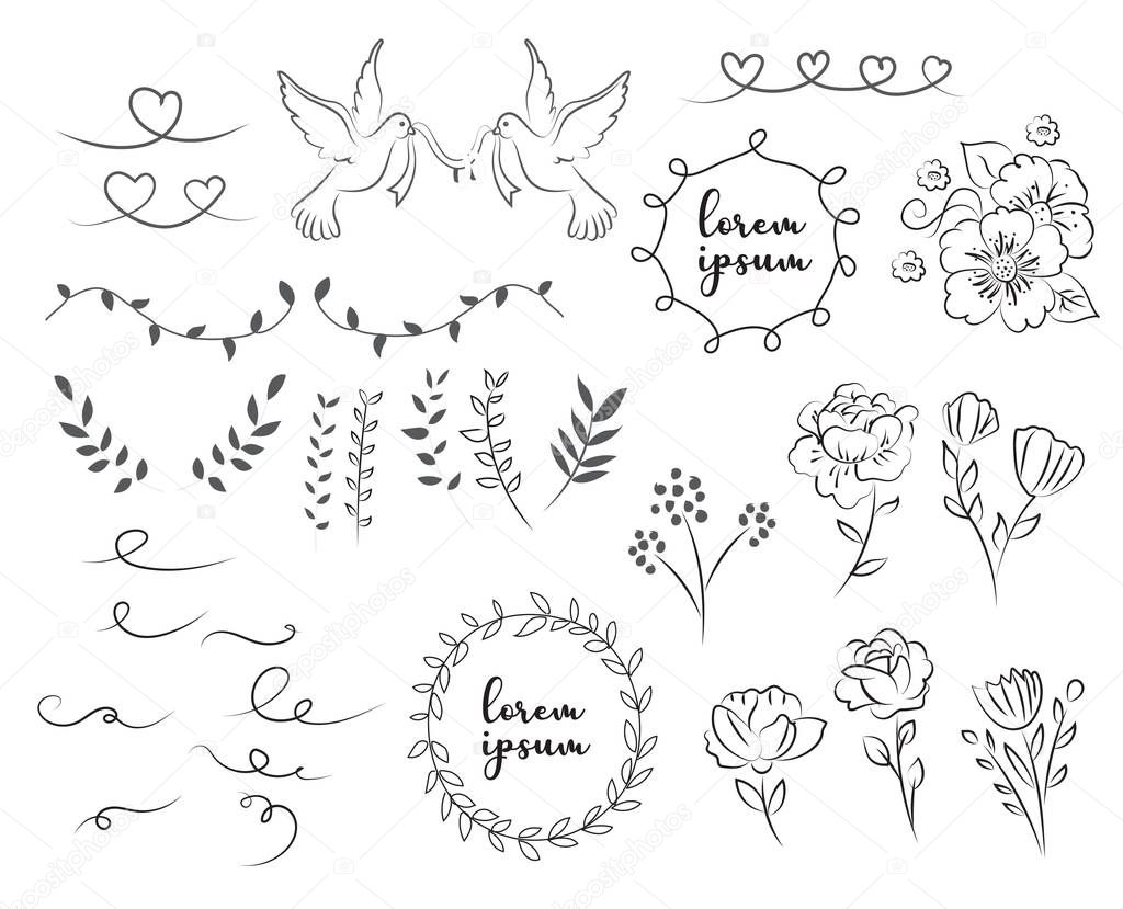 set of wedding ornament included floral  on a white background - Vector