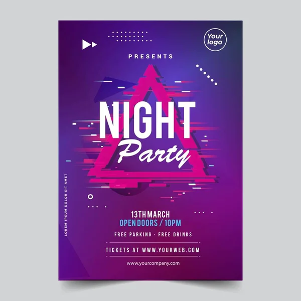 Night Glitch Dance Disco Party Music Night Poster Template Vector — Stock Vector