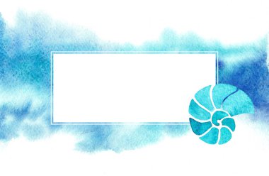 El çizilmiş suluboya mavi bulanık arka plan ve ammonit ile beyaz çerçeve. Dekorasyon tasarımı, kart, davetiye, düğün için grafik elemanı