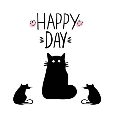 El çizilmiş ifade yazarak Happy Day ve beyaz arka plan üzerinde fareler ile siluet kedi. Afiş, poster, logo, işaret, etiket, web, blog, baskı için tasarım