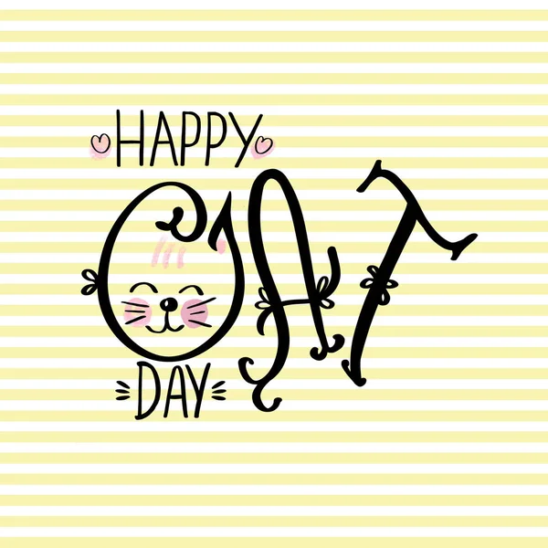 Frase Desenhada Mão Lettering Happy Cat Day Fundo Listrado Amarelo — Fotografia de Stock
