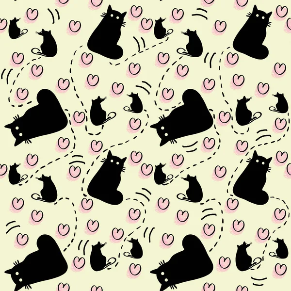 Hand Drawn Seamless Pattern Silhouette Cats Rats Pink Hearts Yellow — Stock Photo, Image