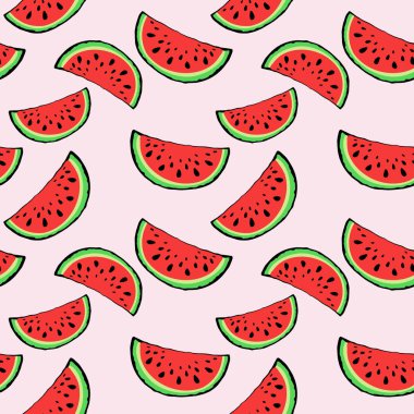 Pembe arka plan üzerinde tohum ile lezzetli karpuz Dikişsiz desen kırmızı sulu dilim. Tebrik kartı, tekstil için baskı, ambalaj kağıdı, pazar