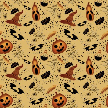 Kabak, kalem, yarasa, şapka, zehir, örümcek, Web, turuncu arka planda nokta ile Cadılar Bayramı Dikişsiz desen. Tatil kutlama, kağıt sarma, afiş için Illustration