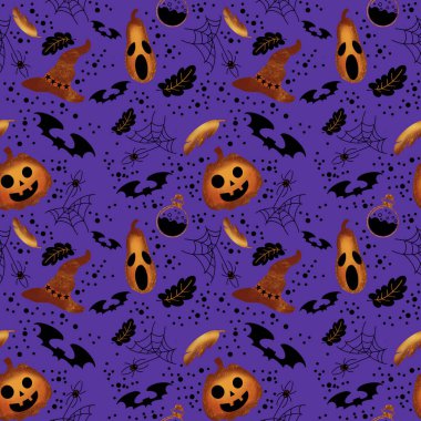 Kabak, kalem, yarasa, şapka, zehir, örümcek, Web, mor arka planda nokta ile Cadılar Bayramı Dikişsiz desen. Tatil kutlama, kağıt sarma, afiş için Illustration