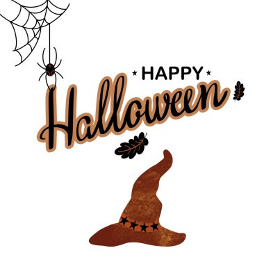 Mutlu halloween el çizilmiş yazı ve kahverengi şapka, örümcek, Web, beyaz arka planda yaprakları. Davet veya tebrik kartı, afiş, parti için tasarım