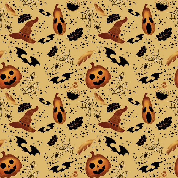 Halloween seamless pattern with pumpkin, pen, bat, hat, poison, spider, web, dots on orange background. Illustration for holiday celebration, wrapping paper, banner
