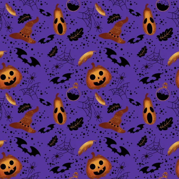 Halloween seamless pattern with pumpkin, pen, bat, hat, poison, spider, web, dots on violet background. Illustration for holiday celebration, wrapping paper, banner