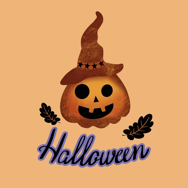 Letras Dibujadas Mano Halloween Calabaza Naranja Sombrero Hojas Negras Sobre — Foto de Stock