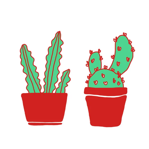 Cactus Dessinés Main Avec Des Pots Rouges Sur Fond Blanc — Photo