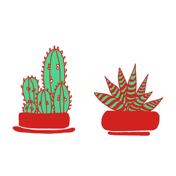 Hand drawn home cacti with red pots on white  background in minimalistic  scandinavian style. Perfect for fabric, textile, print, banner.