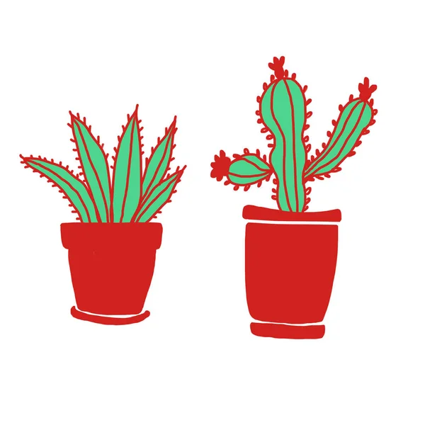 Hand drawn home cacti with red pots on white  background in minimalistic  scandinavian style. Perfect for fabric, textile, print, banner.