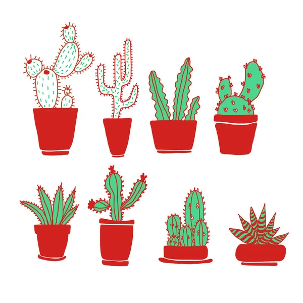 Conjunto Dibujado Mano Cactus Verdes Con Macetas Rojas Sobre Fondo — Foto de Stock