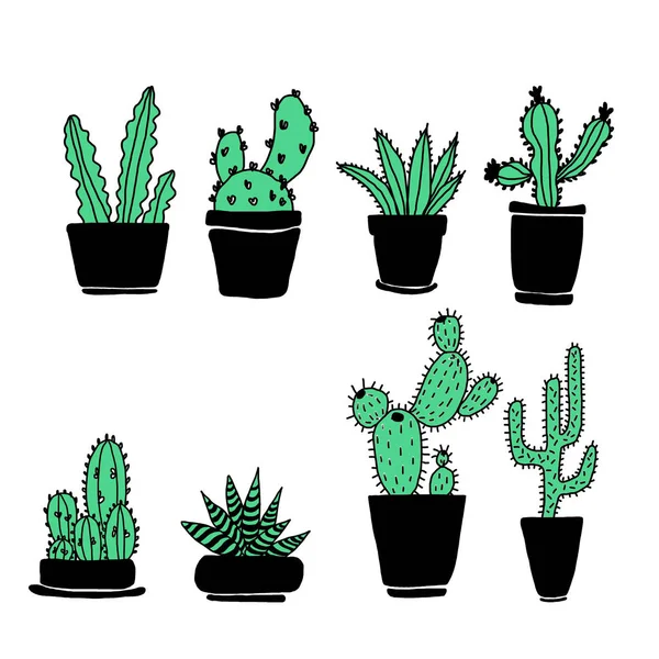 Zestaw Ręcznie Rysowane Zielone Kaktusy Czarnych Doniczkach Białym Tle Minimalistycznym — Zdjęcie stockowe