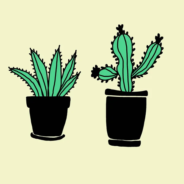 Set Hand Drawn Green Cacti Black Pots Yellow Background Minimalistic — Stock Photo, Image