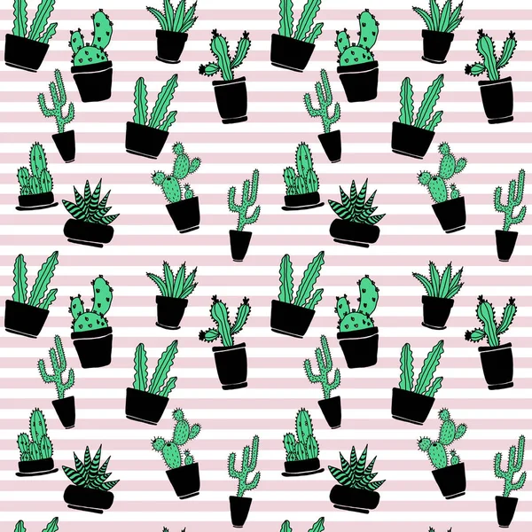 Hand Getekende Naadloze Patroon Met Cactussen Potten Gestreepte Achtergrond Minimalistische — Stockfoto
