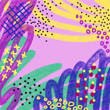 Soyut renkli boya fırçası ve karalama hatları doku arka plan, vuruş, memphis tarzı. Yaratıcı doodle kolajı. Tasarım web, sosyal ağlar, tekstil, kart, düğün için