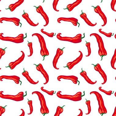 Desen sorunsuz kırmızı acı biber beyaz arka plan üzerinde izole. Acı biber, baharat, Meksika mutfağının geleneksel maddesi. Tekstil, ambalaj kağıdı, afiş için tasarım
