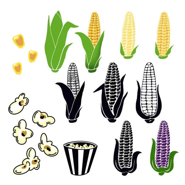 Hand Drawn Yellow Corn Cobs Green Leaves Grains Popcorn Popping — Stock Photo, Image