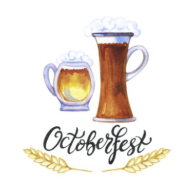 Octoberfest el suluboya harfler, festival sembolleri çizilmiş. Tam cam ve köpüklü bira bardağı, beyaz arka planda arpa. Tebrik kartları ve poster için tasarım