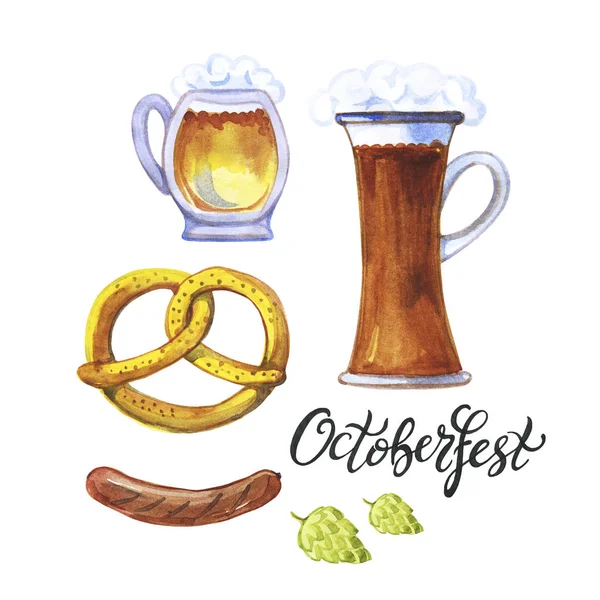 Octoberfest hand drawn watercolor lettering, festival symbols. Full glass and mug of beer with foam, pretzel, sausage and hop on white background. Design for greeting cards and poster