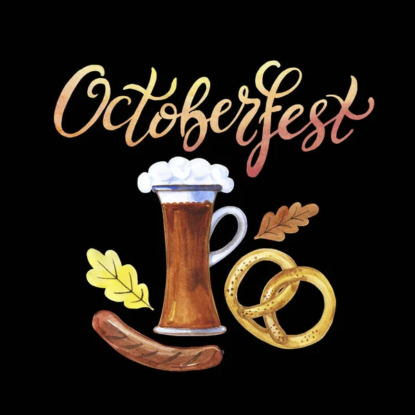 Oktoberfest Hand Getekende Aquarel Belettering Festival Symbolen Vol Glas Bier — Stockfoto