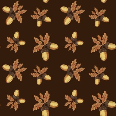 El çizilmiş suluboya sonbahar meşe dikişsiz desen. Meşe yaprakları ve meşe palamudu dalları kahverengi arka plan üzerinde dikişsiz doku. Mevsim tebrik kartları veya hediye paketleme, duvar kağıdı için tasarım. 