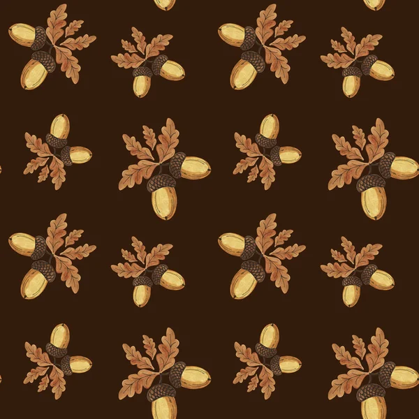 El çizilmiş suluboya sonbahar meşe dikişsiz desen. Meşe yaprakları ve meşe palamudu dalları kahverengi arka plan üzerinde dikişsiz doku. Mevsim tebrik kartları veya hediye paketleme, duvar kağıdı için tasarım. 