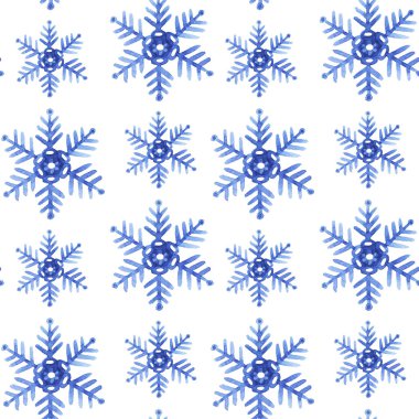 Desen dikişsiz el çizilmiş suluboya blu dondurma kar taneleri beyaz arka plan üzerinde izole. Mevsim tebrik kartları veya hediye paketleme, duvar kağıdı için tasarım. 