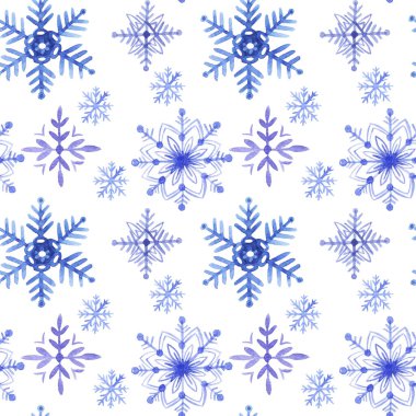 Desen dikişsiz el çizilmiş suluboya blu violet dondurma kar taneleri beyaz arka plan üzerinde izole. Mevsim tebrik kartları veya hediye paketleme, duvar kağıdı için tasarım. 