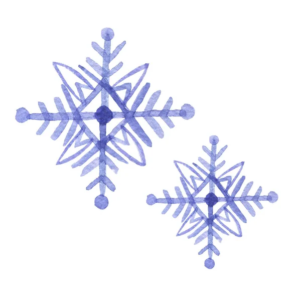 Joukko Käsin Piirretty Akvarelli Blu Jäädyttäminen Lumihiutale Eristetty Valkoisella Pohjalla — kuvapankkivalokuva