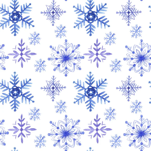 Desen dikişsiz el çizilmiş suluboya blu violet dondurma kar taneleri beyaz arka plan üzerinde izole. Mevsim tebrik kartları veya hediye paketleme, duvar kağıdı için tasarım. 