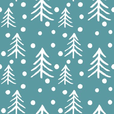 Yeşil arka plan üzerinde Dikişsiz desen beyaz köknar ağacı ve kar taneleri. Noel ağaçları. Mutlu yıllar arka plan. Kış tatilleri. Tasarım tekstil, sarma, duvar kağıdı, pape