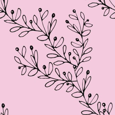Pembe arka plan üzerinde izole vahşi dalların dikişsiz desen el çizilmiş mürekkep botanik illüstrasyon. Tekstil, sarma veya duvar kağıdı için tasarım