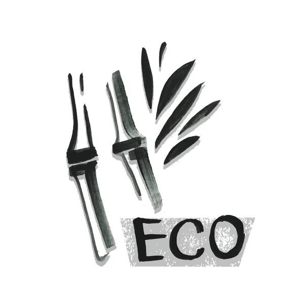 Hand Getekende Illustratie Van Belettering Eco Biologische Bamboe Plant Geïsoleerd — Stockfoto