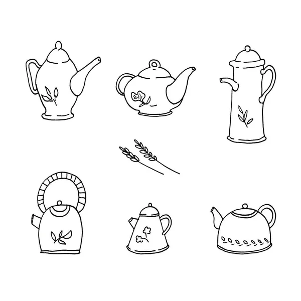 Hand Drawn Vintage Teapots Doodle Collection Branches Isolated White Background — Stock Photo, Image