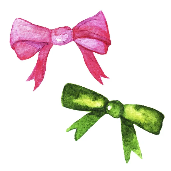 Set Acquerello Disegnato Mano Fiocchi Rosa Verdi Nastri Diverse Forme — Foto Stock