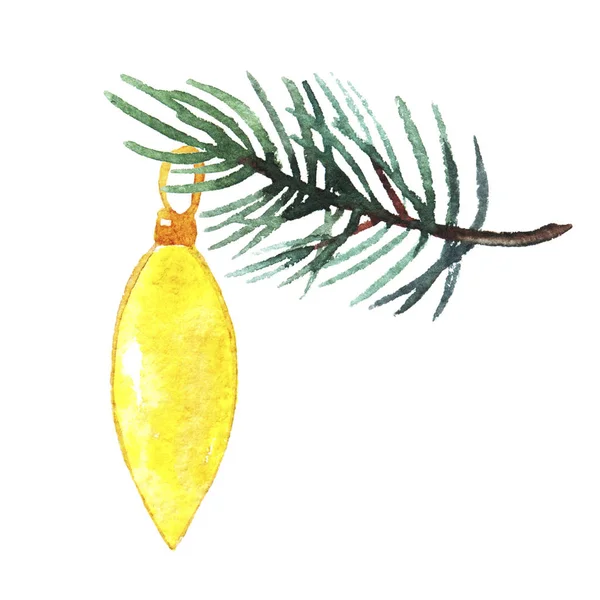 Χριστουγεννιάτικη Σύνθεση Κλαδιά Ελάτης Και Κίτρινη Μπάλα Που Απομονώνονται Λευκό — Φωτογραφία Αρχείου