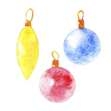 Beyaz arka planda yeşil, mavi ve kırmızı topları olan bir Noel seti. Tebrik kartları, takvimler, posterler, baskılar, davetiyeler için tatil tasarımı. 