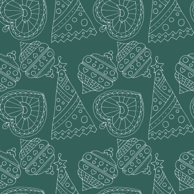 Yeşil arka planda izole edilmiş topları olan kusursuz bir Noel deseni. Tekstil, ambalaj, duvar kağıdı, baskılar, davetiyeler için tatil tasarımı. 