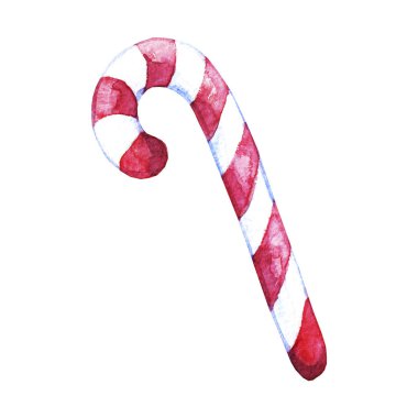 Suluboya el, beyaz bir arka planda izole edilmiş noel renklerinde çizilmiş şeker kamışını çizdi. Kart, yazdırma, davet için tasarım