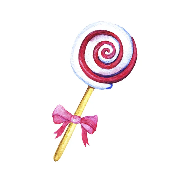 Christmas Candy Wooden Stick Pink Bow Striped Peppermint Lollipops Isolated — Stock Photo, Image