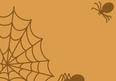 Web cadılar bayramı örümcekleri, turuncu arka planda fotokopi alanı olan sanat tarzında. Cadılar Bayramı. Geleneksel tasarım şablonu.
