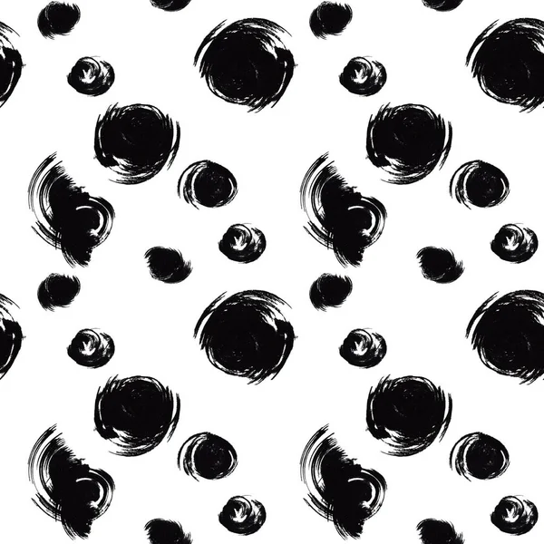 手描きペイントブラシ黒インク汚れサークルシームレスパターン白の背景に テキスタイル ラッピング 壁紙のデザイン — ストック写真