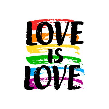 Vector renk illüstrasyon el çizimi aşk eşcinsellerin gurur yazısı ve beyaz arka planda izole edilmiş gökkuşağı spektrum bayrağıdır. LGBT hakları kavramı. Pankart, kart, baskı, tekstil için tasarım