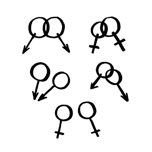 Set Van Symbool Vrouwen Mannen Doodle Stijl Geïsoleerd Witte Achtergrond — Stockvector